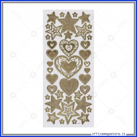 Etichette Adesive 3D in PVC con stampa metallizzata motivo Stelle e Cuori oro Wiler STK806003